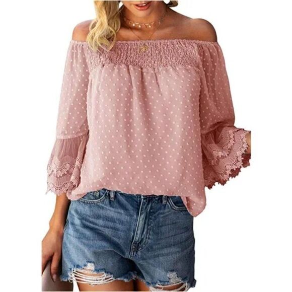 Blush Pink Off Shoulder 3/4 Bell Sleeve Ruffle Polka Dot Blouse Top - Picture 4 of 6